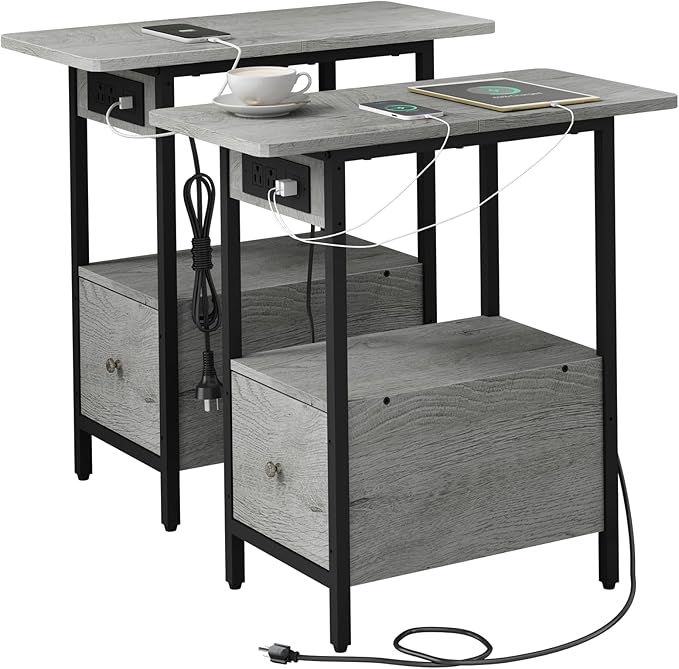 LIDYUK End Table with Charging Station, Narrow Side Table with Drawer and USB Ports & Power Outlets, Nightstand Bedside Tables for Small Spaces, Bedroom, Living Room, Light Grey, Set of 2