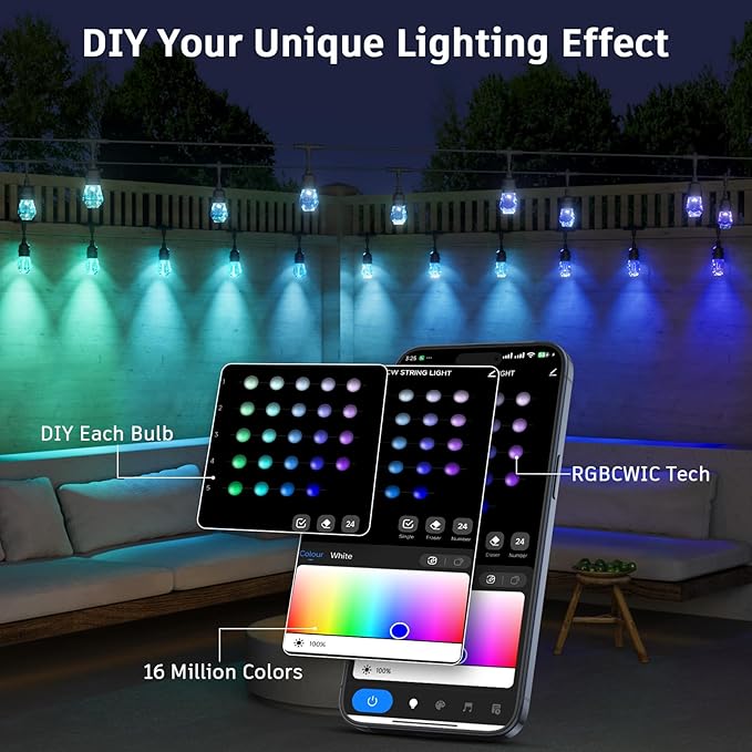 XMCOSY+ Smart Outdoor String Lights - 123ft RGBCWIC Patio Lights with 40 Color Changing Bulbs, LED String Light for Outside Backyard Bistro Party, APP WiFi Control, Work with Alexa, IP65 Waterproof
