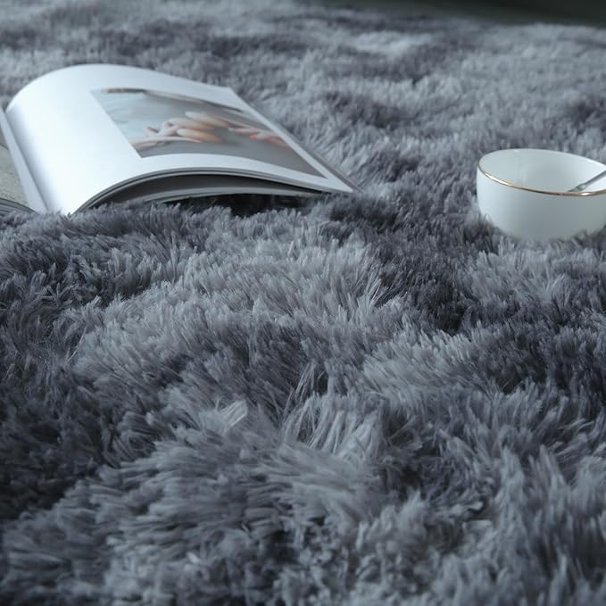 Area Rug 9x12 for Living Room - Large Shag Soft Grey Rug for Bedroom - Modern Non-Slip Plush Fuzzy Floor Carpet Tie-Dyed Dark Gray