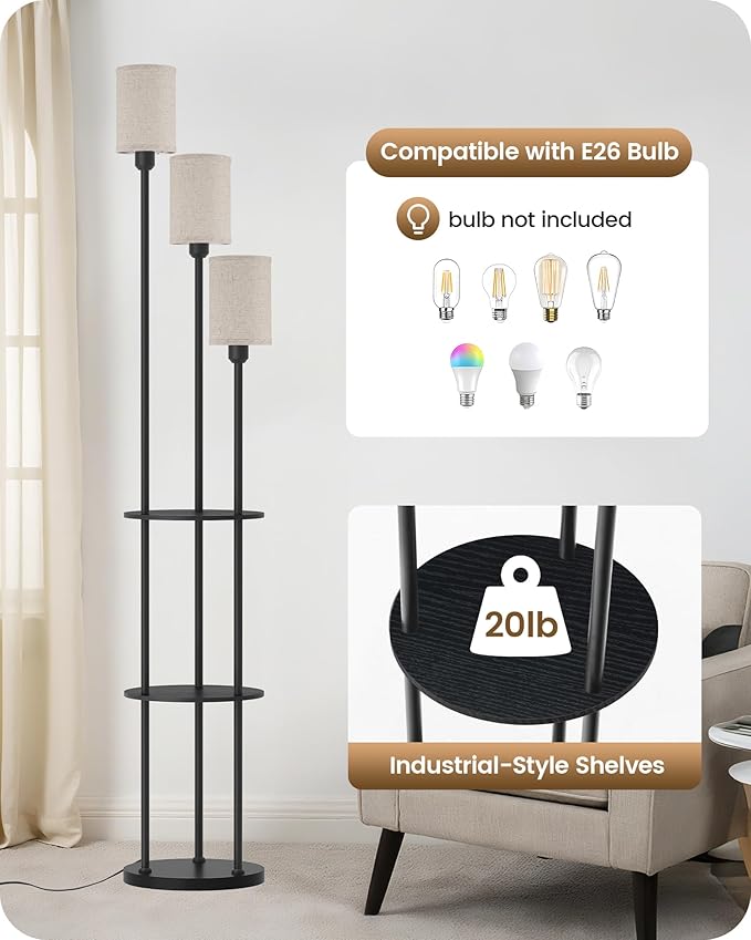 Floor Lamp with Shelves, Modern Floor Lamp with 3 Linen Shades and Foot Switch, 3-Light Standing Lamp, for Living Room, Bedroom, Study, Office, Black and Beige E53LD05