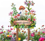 Personalized Mushroom Metal Sign with Stake,Custom Gardener Last Name Signs Outdoor Decoration,Customized Flowers Garden Accessories Decor for Grandma,Butterfly Plaques for Patio Lawn Porch Backyard