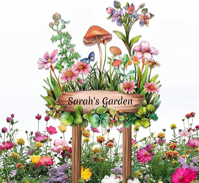 Personalized Mushroom Metal Sign with Stake,Custom Gardener Last Name Signs Outdoor Decoration,Customized Flowers Garden Accessories Decor for Grandma,Butterfly Plaques for Patio Lawn Porch Backyard