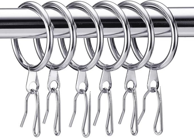 Hotop 30 Pcs Metal Drapery Curtain Rings 0.98/1.26/1.65 inch Interior Diameter and 30 Pcs Hanging Curtain Drapery Pin Hooks for Window Door Shower(32 mm,Silver)