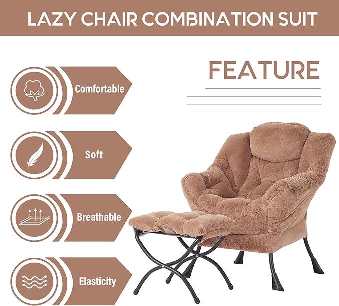 Cozy Lazy Chair and Ottoman, Large Contemporary Accent Lounge Chair Set, Leisure Upholstered Reading Armchair for Bedroom, Living Room, Dorm Rooms, Office
