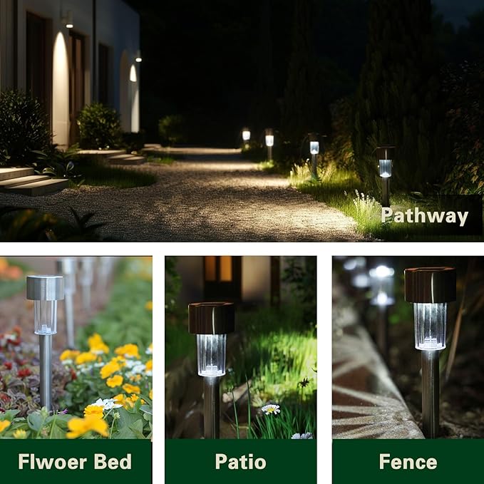 EcoGreen Outdoor Pathway Solar Light, 8pcs Pack,Garden Patio Balcony Walk Way Lights, Stainless Steel Leg, 5000K Daylight, IP65 Waterproof, 1.85 * 12.2in
