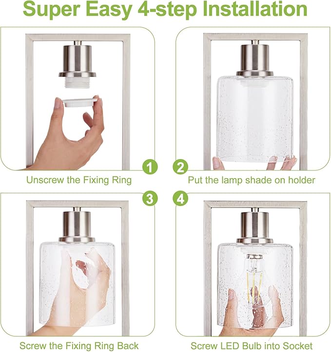 16" Set of 2 Nickel Industrial Table Lamps with USB A+C Charging Ports and AC Outlet, Fully Stepless Dimmable Bedside Lamps with Seeded Glass Shade for Bedroom Living Room Office, LED Bulbs Included