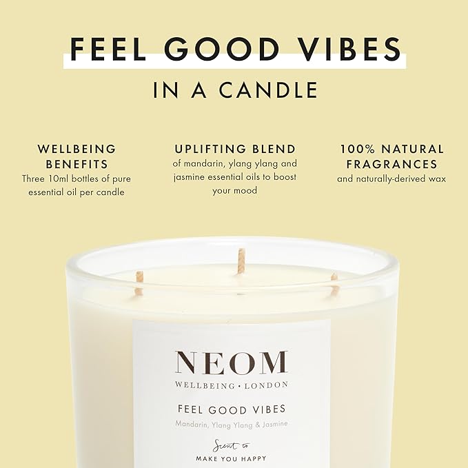 NEOM- Limited Edition Feel Good Vibes Candle |Mother's Day | Gift | Mandarin, Ylang Ylang & Jasmine (3 Wick)