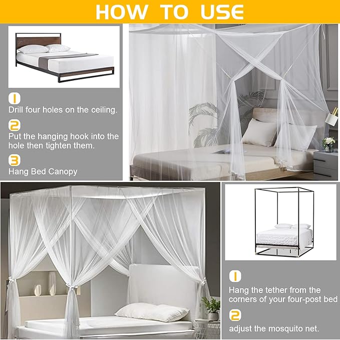 VISATOR Mosquito Net Bed Canopy, 4 Corner Post Canopy Bed Curtains with 4 Hanging Hooks, 30ft Tether and 4 Tassel Hanging Pendants for Full/Queen/King Size