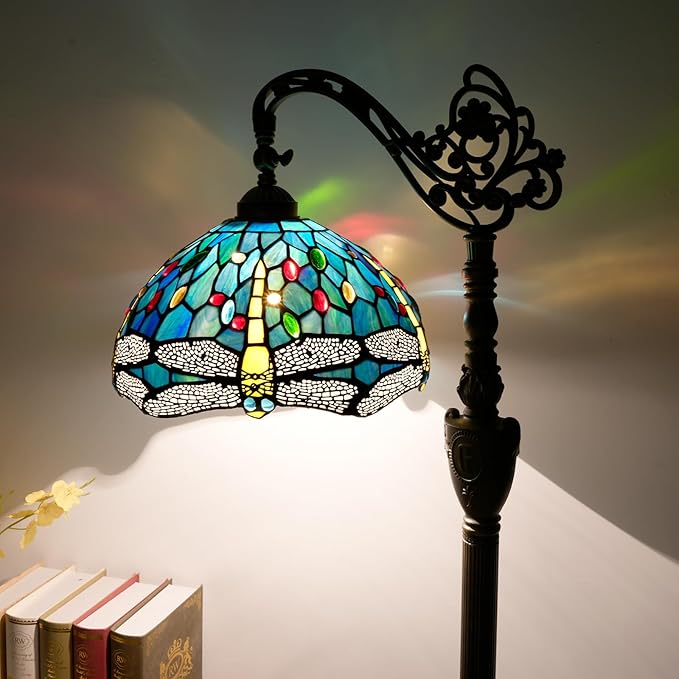 Tiffany Floor Lamp Vintage Standing Lamp Green Blue Dragonfly Stained Glass Floor Light Rustic Corner Gooseneck Floor Lamp with Adjustable Angle for Home Decor Living Room Bedroom 12X12X63 Inches