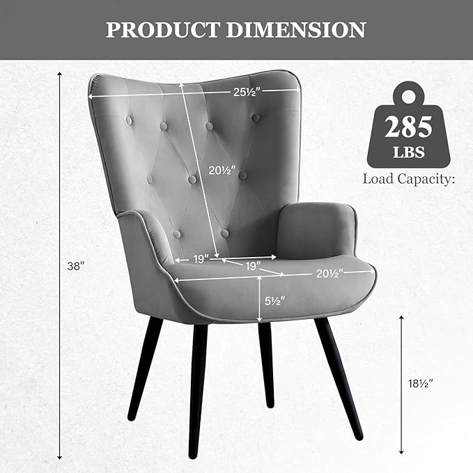 Furnimart Accent Chairs Set of 2, Grey Velvet Chair Reading Chair Armchair with High Backrest, Wingback Corner Chair Mid Century Modern Chair for Living Room, Bedroom, Waiting Room