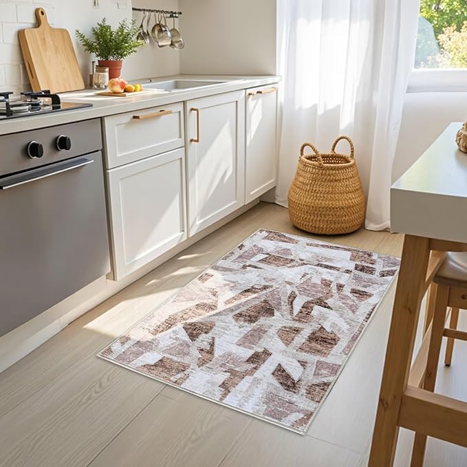 Modern Abstract Door Mat Indoor Entrance 2X3 Brown Rug Washable, Non-Slip Small Rugs for Entryway Bathroom Ultra-Thin, Throw Carpet for Kitchen Bedroom Nursery Kids Print Faux Wool