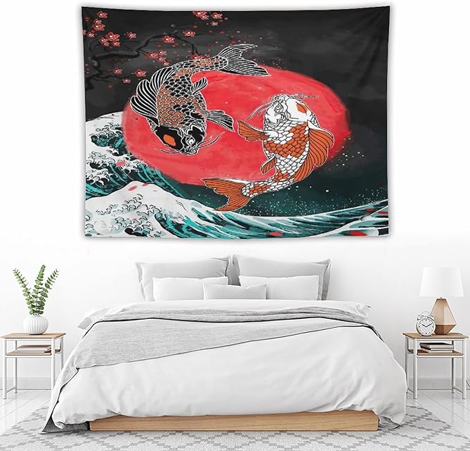 Houselerax Koi Fish Tapestries,Japanese Style Yin Yang Big Wave Cherry Blossoms Tapestry Wall Hanging for Bedroom Living Room Office Decor 80"x60"