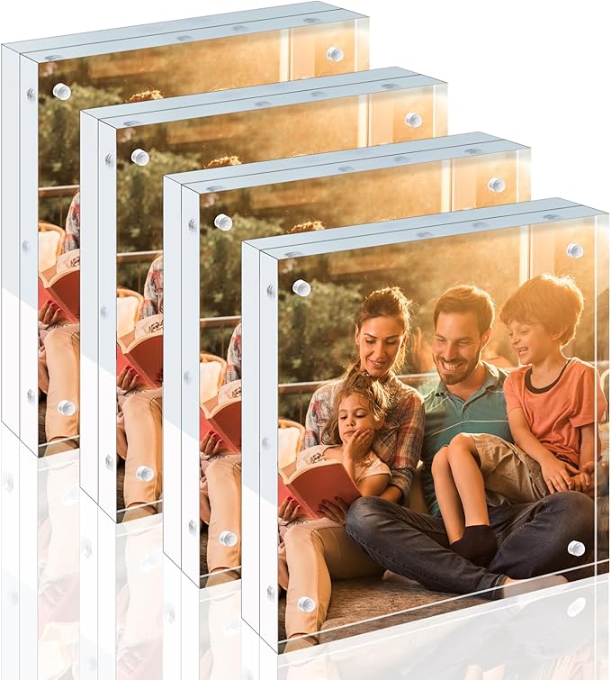 Egofine 8x8 Acrylic Frame 4 Pack, 20mm Thicker Frameless Clear Picture Frame, Double Sided Magnetic Picture Frame, Free Standing Desktop Display