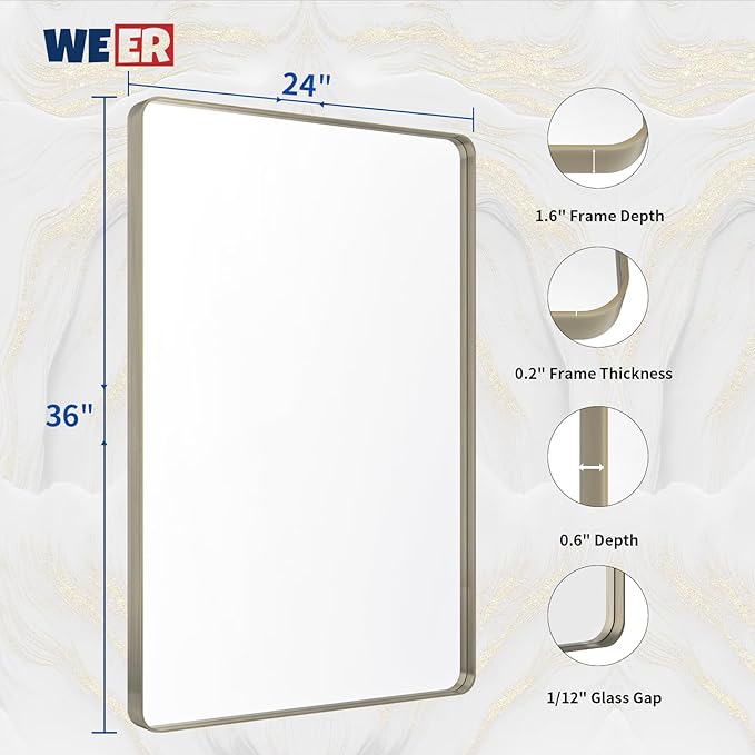 WEER 24X36 Inch Brushed Nickel Bathroom Mirror, Brushed Silver Metal Frame Mirror, Rounded Rectangle Silver Bathroom Vanity Mirror, Tempered Glass, Anti-Rust, Hangs Horizontally or Vertically