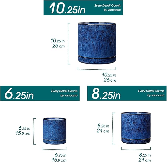 vancasso Ceramic Planters, Plant Pots for Indoor Plants, 6.25+8.25+10.25 Inch Ceramic Pots for Plants, Flower Pots with Drainage Holes (Blue, 6.25+8.25+10.25 Inch)