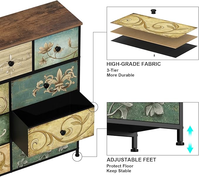 Tohomeor Dresser with Drawers for Bedroom Chest of Drawers Fabric Dresser for Closet,Nursery Entryway Hall Tree TV Stand for Living Room Retro Floral Pattern Drawers Wooden Top (9 Drawers)