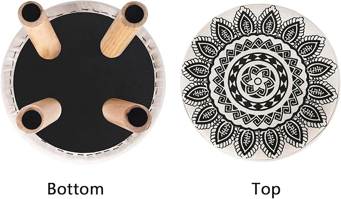 Asense Small Round Ottoman Foot Rest Stool Linen Padded Seat Footstool Ottoman with Anti-Slip Wooden Legs (White+Black,Linen)