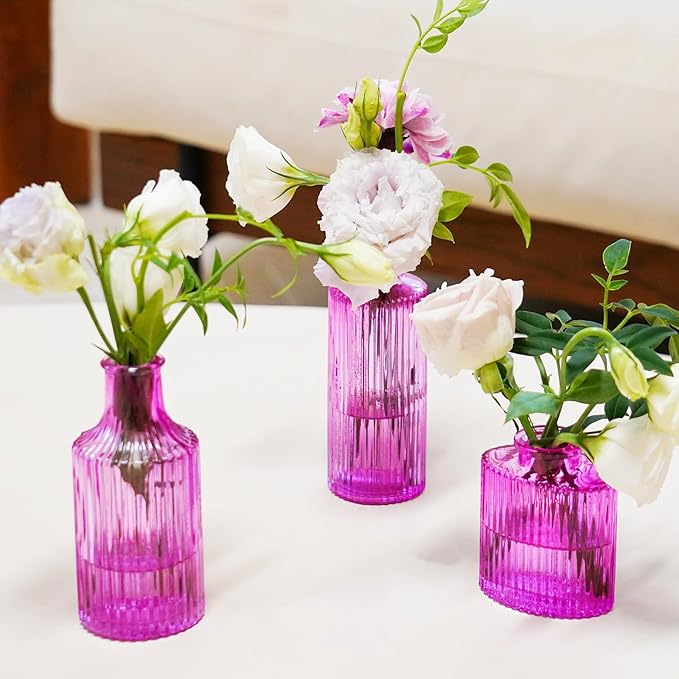 12PCS Hot Pink Vase for Flowers, Small Glass Bud Vases for Centerpieces Purple Flower Vase in Bulk for Home Office Decor