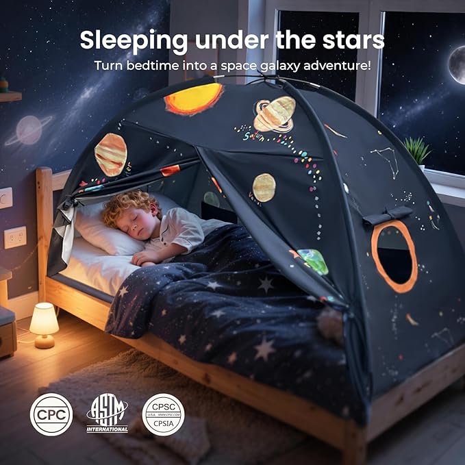Tiny Land Space Galaxy Bed Tent for Kids – Sleep Bed Canopy with 9 Planets Design, Easy-to-Install Indoor Kids Play Tent, Imaginative Playhouse, Ideal Gift for Boys & Girls – 77" x 40" x 46"