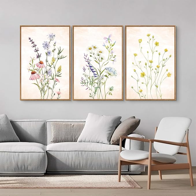 SIGNINART Watercolor Wildflower Framed Canvas Wall Art Set of 3, Boho Botanical Spring Floral Wall Decor, Colorful Minimalist Plant Art Prints for Farmhouse Living Room, Bedroom, Office, Bathroom 16"x24"