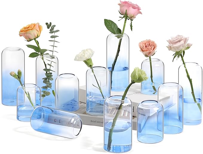 ComSaf Small Flower Vase Set of 12, Glass Bud Vases in Bulk, Blue Vases for Flower, Decor Centerpiece for Bathroom, Decorative Vases for House Warming, Valentines' Day, Mother's Day, Thanksgiving Day