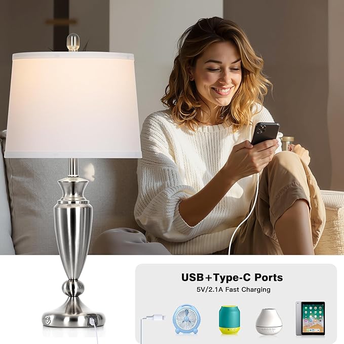 27" Silver Table Lamps for Living Room Single, 3 Way Touch Control Bedside Lamps with USB A+C Ports, Modern Brushed Nickel Bedroom Lamp, Metal Tall Lamp for Nightstand Desk Side Table Office
