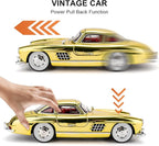 1/24 300SL Diecast Car Model Toy, Collectible 300SL Vintage Car with Sound and Light, Zinc Alloy Pull Back Toy Vehicle for Adult Boys Girls (Yellow)
