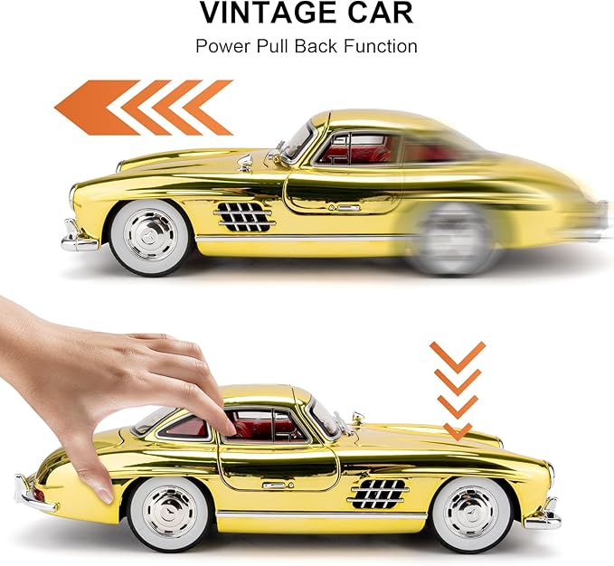 1/24 300SL Diecast Car Model Toy, Collectible 300SL Vintage Car with Sound and Light, Zinc Alloy Pull Back Toy Vehicle for Adult Boys Girls (Yellow)