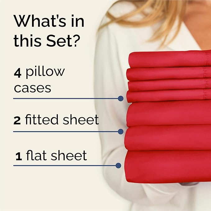 Split King Sheets Set 7 Piece - Includes 4 Pillowcases - Bed Sheets Split King Size - Soft Hotel Luxury Bedding - Cooling, Comfy & Breathable - 1 Flat & 2 Fitted & 4 Pillowcases w/ Deep Pockets - Red