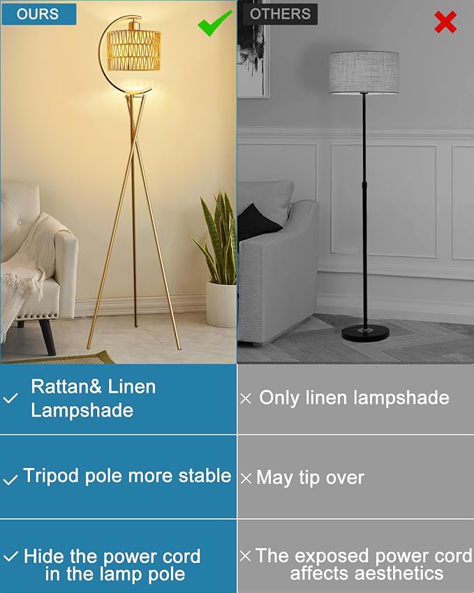 Lightdot Tripod Floor Lamp for Living Room, Gold Standing Lamp with E26 LED Bulb, Rattan Boho Floor Lamp, Farmhouse Tall Lamp for Bedroom, Arced Reading Light with Rattan& Linen Double Shades