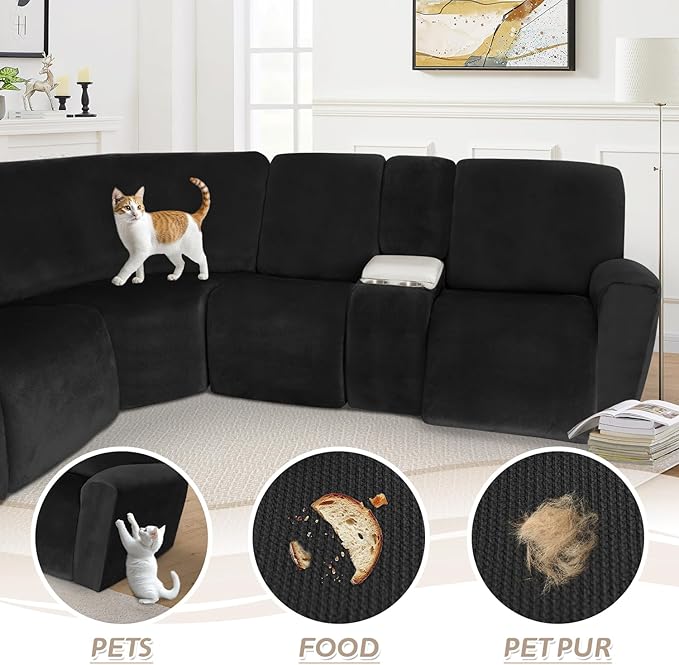 Arfntevss Sectional Recliner Couch Covers Velvet Washable Corner Sectional Sofa Cover for Reclining Stretch Soft Thick L Shape Recliner Slipcover Set (5 Seat with 1 Console Cover, Black)