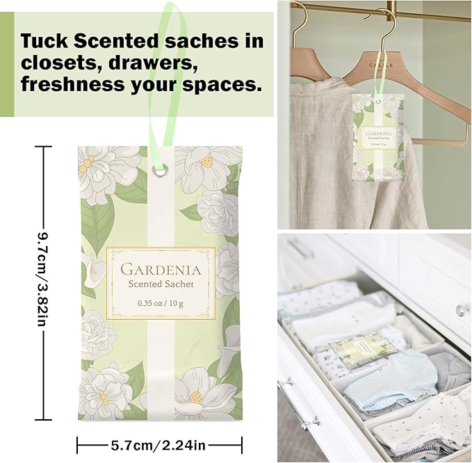 SCENTORINI Scented Sachets for Drawers and Closets, Gardenia Scent 14 Pack, Long-Lasting Sachets Bags Wardrobe Freshener, for Shoe Wardrobe, Cupboard