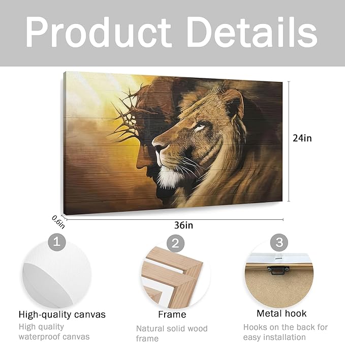 Fantasy Artists Framed Jesus Christ Canvas Wall Art The Lion of Judah Christian Painting Prints Biblical Wall Decor Religious Room Decor for Church Prayer Room Christian Schools Hospitals 24'' x 36''