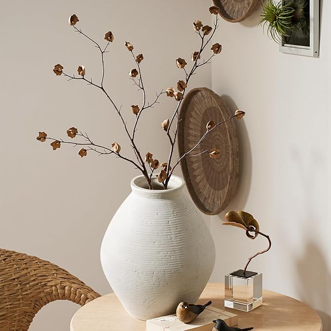 12” Ceramic Distressed Vase Handcrafted Rustic Neutral Decorative Floor Vases Home Decor Accent for Living Room, Dining Table, Entryway or Shelf Styling