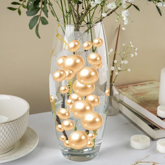 200PCS Light Brown Faux Pearls Beads for Centerpiece Vases, Vase Filler Faux Pearls, No Holes Filler Beads for Party Anniversary Birthday Wedding Table Decor, 10/14/20/30mm