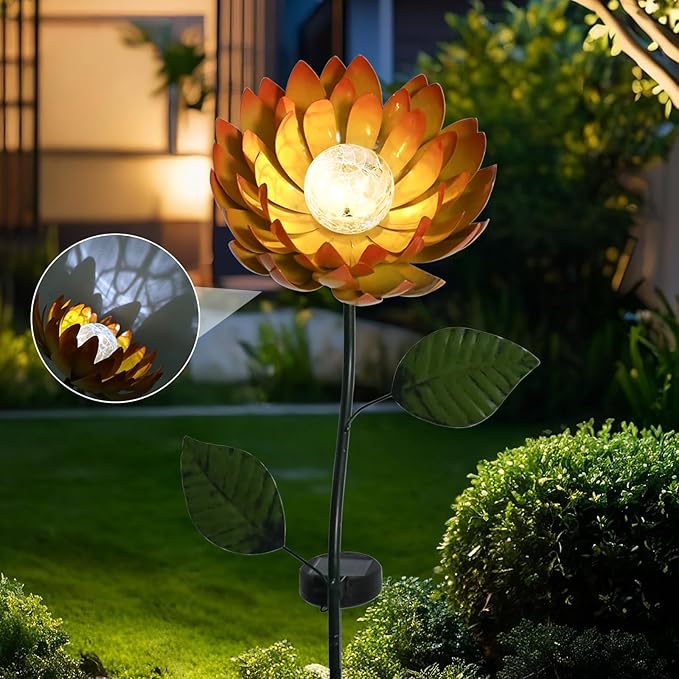 VCUTEKA Solar Garden Lights Metal Flower Decor Colorful Yellow Flowers Solar Pathway Light with LED Cracked Crystal Ball Outdoor Decorative Stake for Patio Yard Lawn