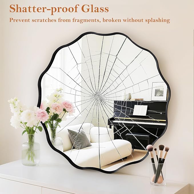 Fabuady Black Round Wavy Edge Mirror - 20'' Circle Wall Mirror with Metal Frame, Decorative Hanging/Leaning Mirrors for Bathroom, Bedroom, Living Room, Hallway, Entryway, Office, Home Decor