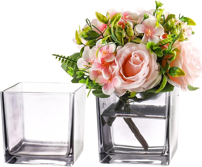 Square Grey Glass Vases Set of 2, 6" x 6" x 6" Square Vase for Centerpieces, Flower Vases for Centerpieces, Small Vase for Wedding, Party, Home Office Decoration