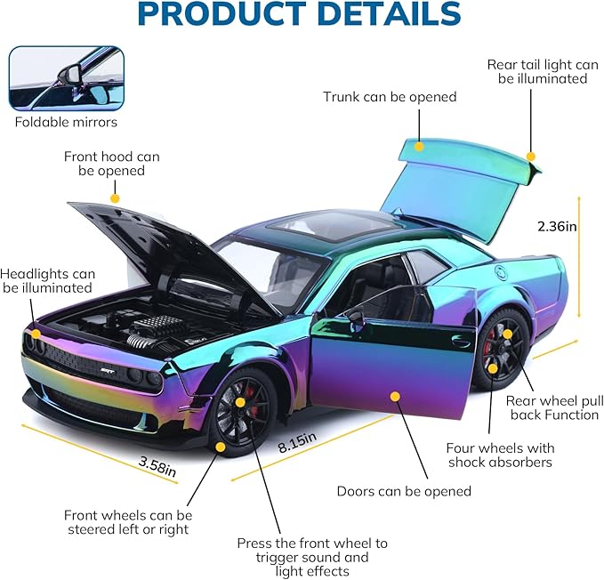 Car Toys for Boys 1/24 Diecast Cars Hellcat SRT Collectibles Model Kit,Pull Back Metal Toy Car with Lights and Sounds,Toy Cars for Boys Age 4-7（Gradient Purple）