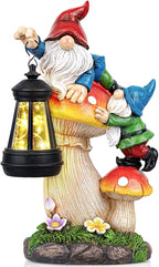 TIJNN Solar Garden Statue Gnomes Figurine Lights,Funny Gnomes Standing on Mushrooms with Lanterns, with Lanterns Outdoor Yard Decorations for Patio Porch Home, Garden Gifts for Women Mom