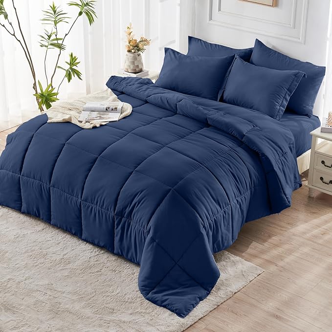 JOLLYVOGUE King Comforter Set, Ultra-Soft Bed in a Bag King Size 7 Pieces, Oeko-TEX Certified Bedding Set with Down Alternative Comforter, Sheets, Pillowcases & Shams, Navy