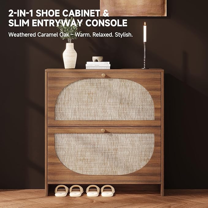 Nicetree Freestanding Ultra Slim Fluted Accent Shoe Storage Cabinet for Entryway - 2 Flip Drawers & 3-Tier Adjustable Shelves, Farmhouse Modern Rustic Shoe Rack for Hallway, Foyer