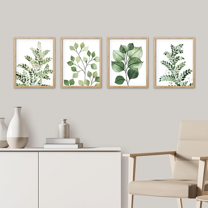 SIGNWIN Framed Green Pastel Forest Fern Leaf Wall Art, Set of 4 Collage Nature Garden Wall Decor Prints, Nature Wilderness Wall D¨¦cor for Living Room, Bedroom - 12"x16" Natural