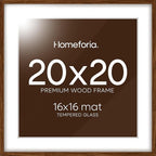 Homeforia 20x20 Brown Picture Frame, High End Dark Oak 20 x 20 Square Wood Frame with Mat 16 x 16 for Photo, 20by20 Wooden Walnut Poster Frame Matted to 16x16 Print, Tempered Glass, Wall Kit, Set of 1
