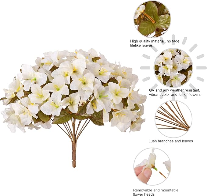 Artificial Flowers for Outdoors Fall Decoration, 4 Bundles Fake Bougainvillea Flower Plants UV Resistant Faux Fall Flowers for Planters Outside Patio Porch Window Garden Home Decor, Fall White