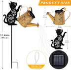 Solar Lights Outdoor Decorative, Watering Can with Cascading Lights, with Cat Silhouette Garden Stakes, Waterproof Metal Garden Decor for Yard Art, Outside, Patio, Lawn Ornaments