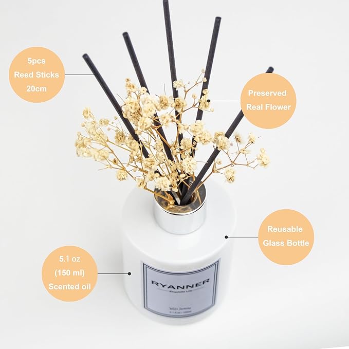 Flower Reed Diffuser Set,5.1oz White Jasmine Scent Diffuser with Sticks Home Fragrance Reed Diffuser with Essential Oil for Bathroom Shelf Decor&Air Freshener,Home Bathroom Office Decor&Gifts