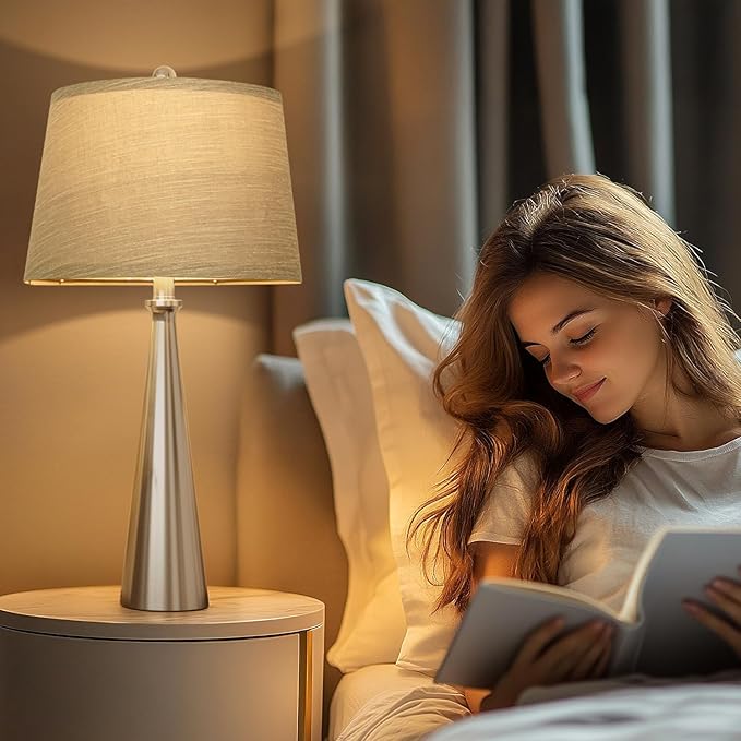 Oneach 25.75" Table Lamps for Living Room Bedroom, Bedside Lamp 3-Way Dimmable Touch Control, Modern Silver Nightstand Light Fabric Shade Vintage Accent Style