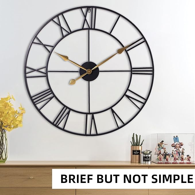 INFINITY TIME 30 Inch Wall Clocks for Living Room Decor, Oversized Modern Black Metal Roman Numeral Wall Clock Decorative(Gold Hands)