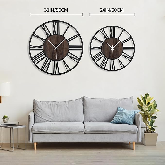 LEIKE Large Wall Clocks for Living Room,Silent,Non Ticking,Battery Operated Oversized Vintage Round Modern Wood Wall Clock for Bedroom,Farmhouse,Office Home Decor-24 Inch(Black-Roman Numerals)